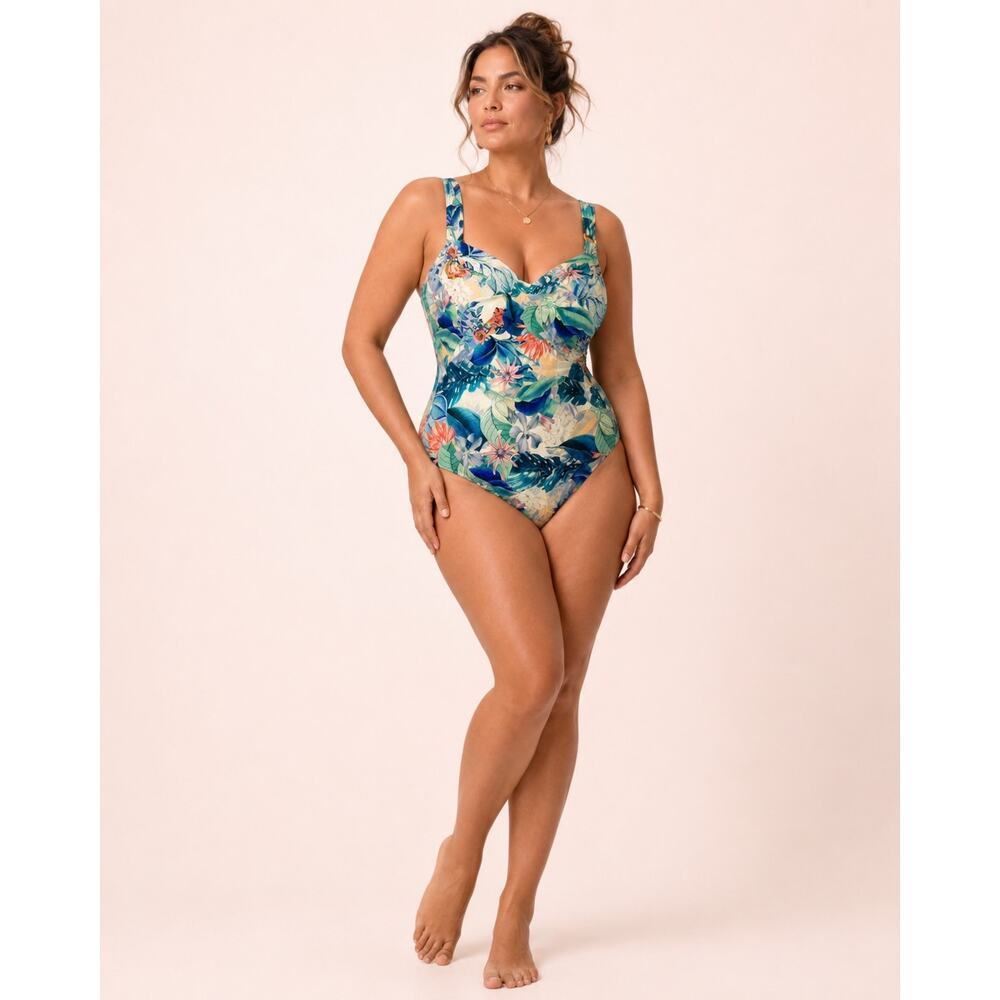 PO-EX Jantzen Tropical Botanical One Piece Swimsuit 14 Ruched Tummy Control NWT